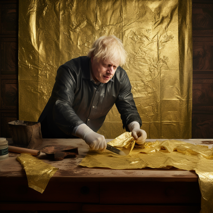 Former prime minister Boris Johnson putting up gold wallpaper, created on Midjourney