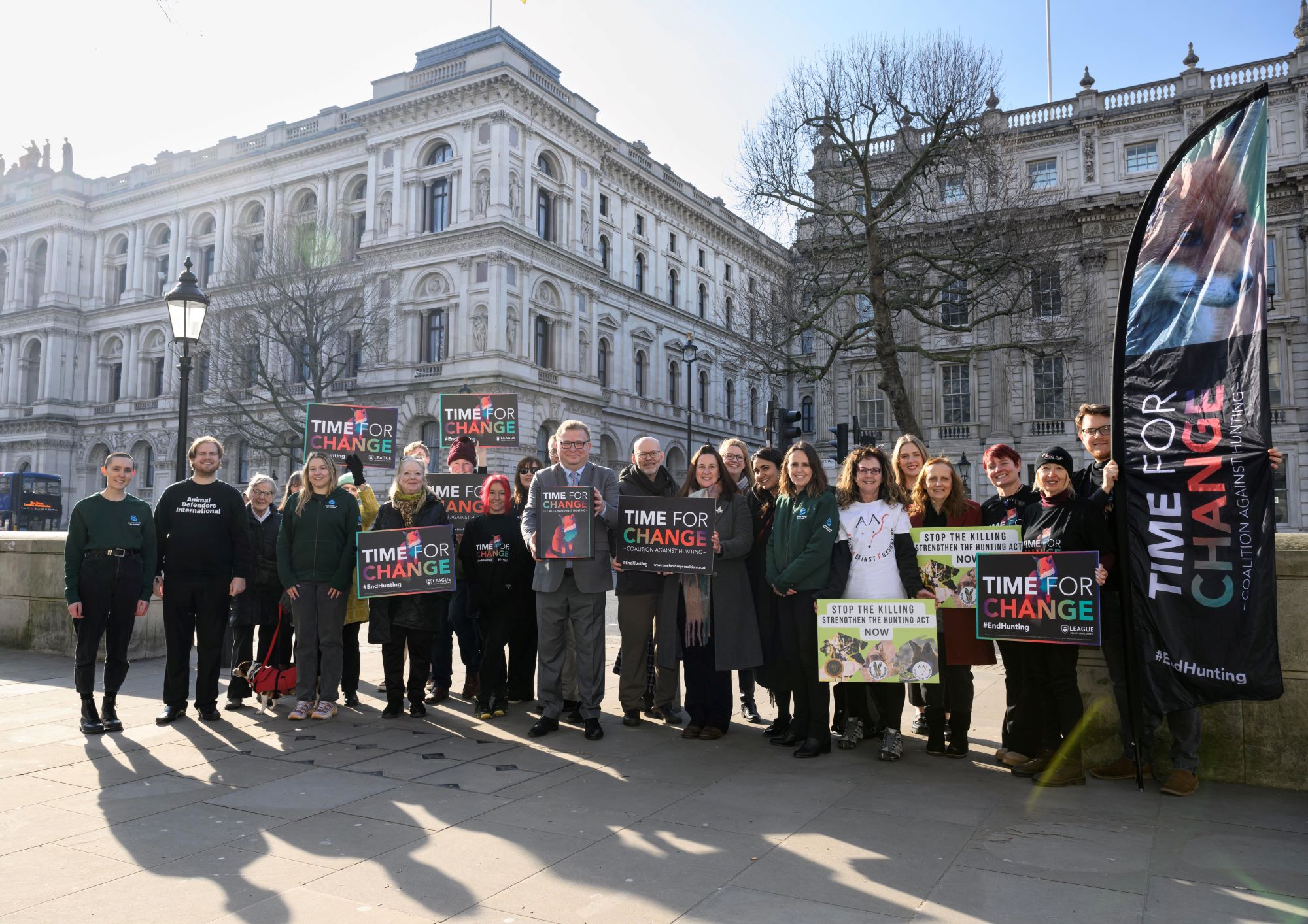 Campaigners from the League Against Cruel Sports and Time for Change Coalition Against Hunting outside the gates of Downing Street.