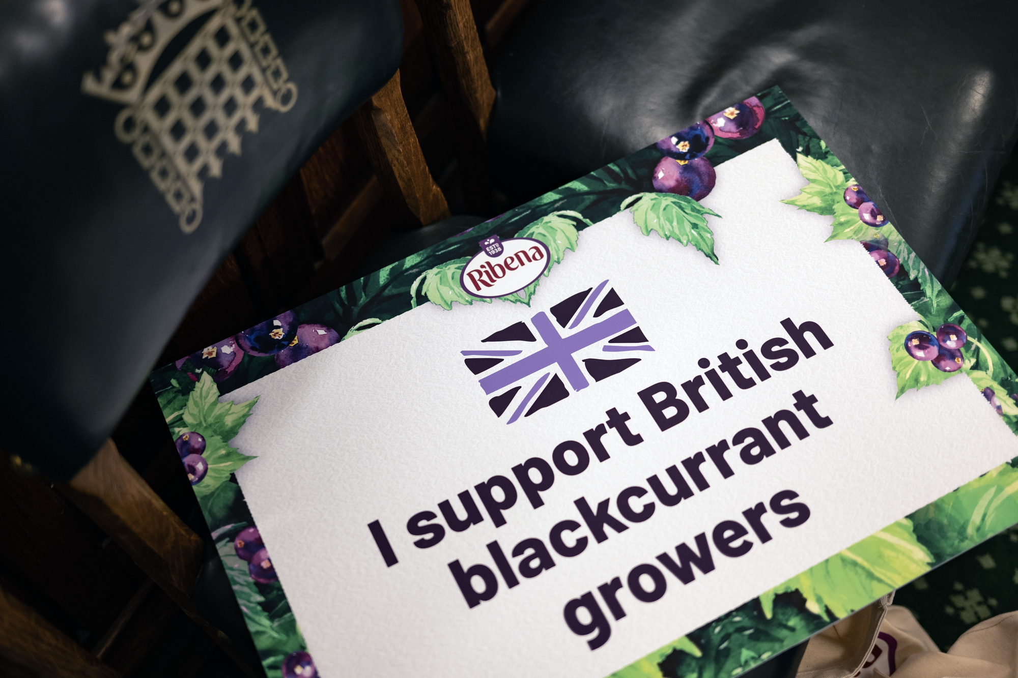 A Ribena pledge board. Written on the board is "I support British blackcurrant growers".